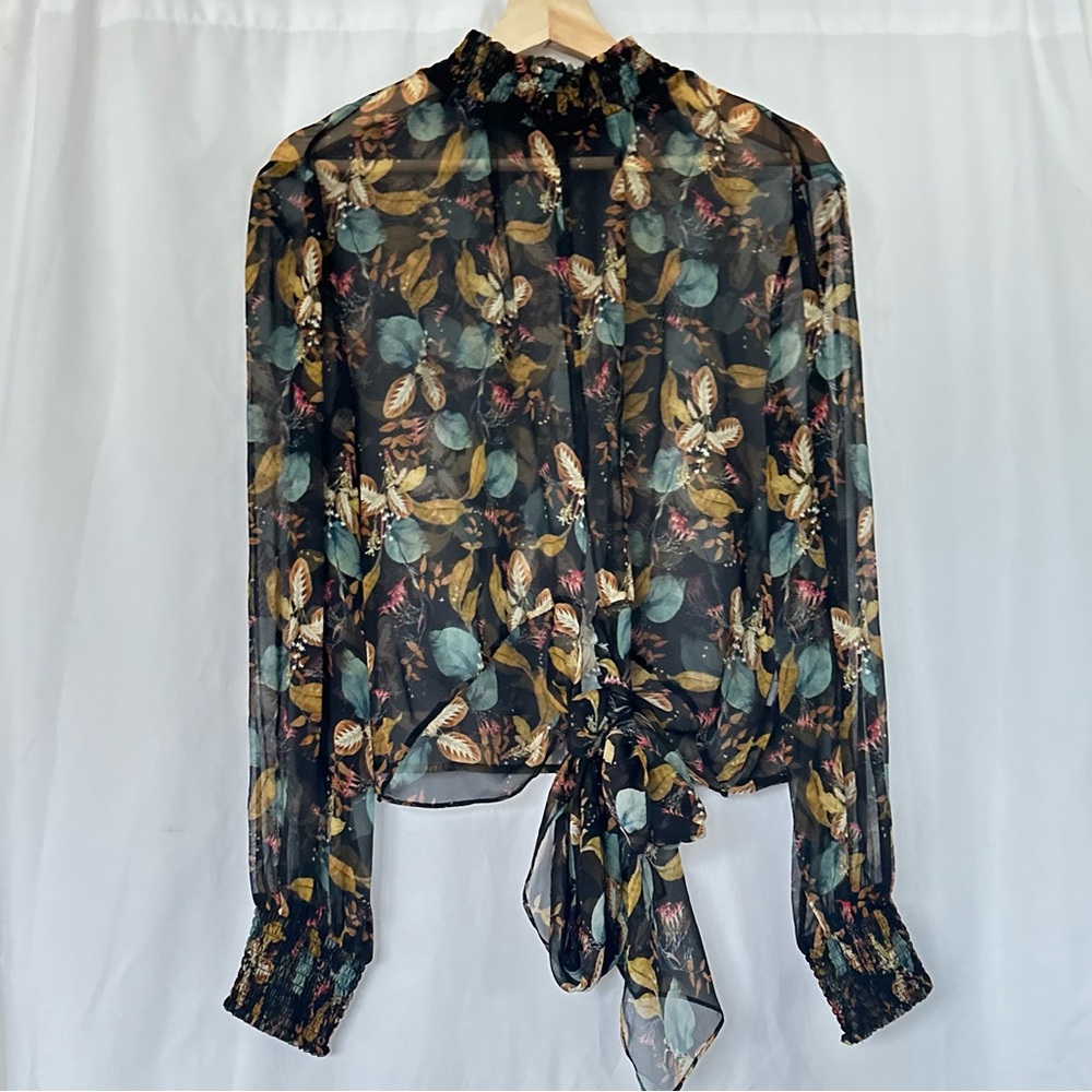 Nicholas Ava Blouse Black Floral Sheer Women XS long sleeve travel Party Cruise